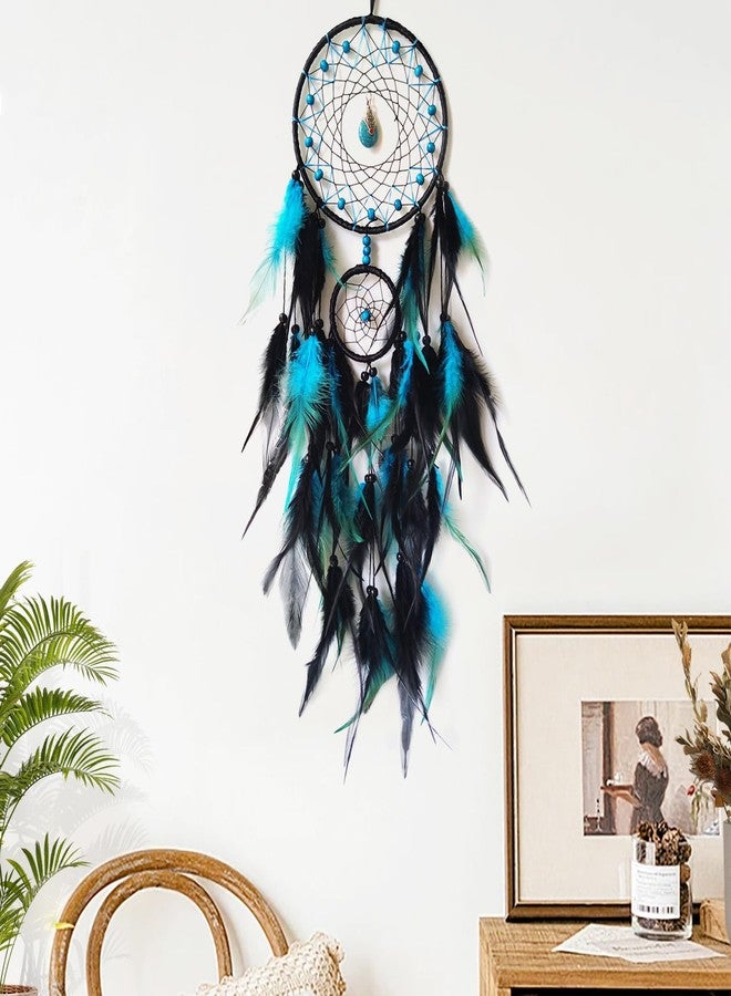 SOYUZU Black and Blue Dream Catcher Wall Decor Feather Dream Catchers with Pendant Handmade Dreamcatcher Wall Hanging Ornament for Bedroom Living Room Home Decor - Image 3